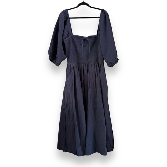 Quince Organic Cotton Gauze Smocked Square Neck Midi Dress Indigo Blue NWT Large - Picture 2 of 6